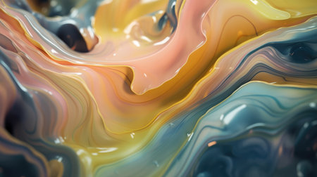 The close up of a glossy liquid surface abstract in green, blush pink, buttercup yellow, and navy blue colors with a soft focus. 3D illustration of exuberant.の写真素材