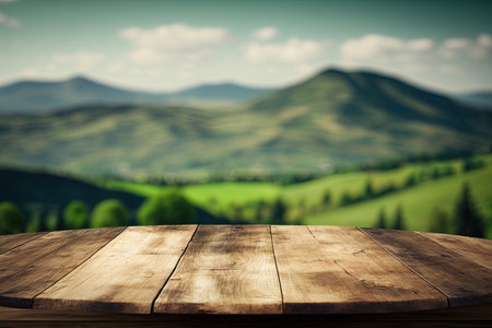 Wooden table background on a blur high green hills mountain. Generative AI AIG15.の素材