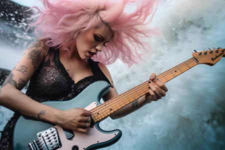 Punk girl with pink hair style playing guitar with passionate while rock n roll water wave splashing in turbulence around her with colorful smoke. Picturesque generative AIの素材