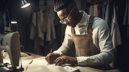 Creative Fashion Designer Male African-American Young Adult Taking measurements and cutting fabric in Workroom. Generative AI AIG22.の素材