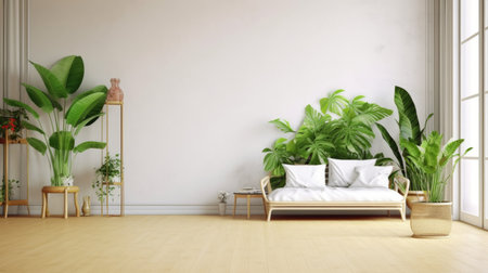 The interior of minimal white tone color and wooden floor room with armchair and potted plants. Generative AI AIG27.の素材