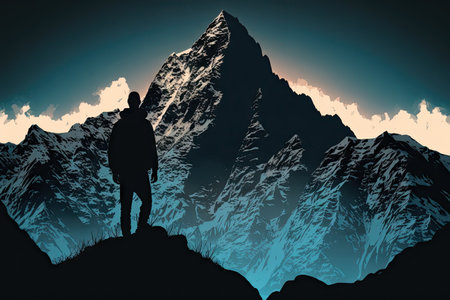 Silhouette man standing on top of Himalayan mountain majestic. Generative AI AIG15.の素材