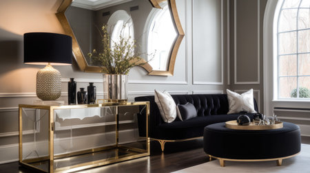 Living room decor, home interior design . Art Deco Contemporary style with Large Window decorated with Velvet and Marble material . Generative AI AIG26.の素材
