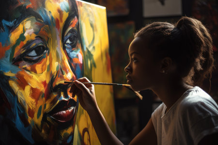 Female African teenager painting art studio artist apron picture drawing. Generative AI AIG23.の素材