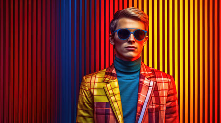 Young male model posing with trendy man fashion outfit and colorful optical art abstract background. Picturesque generative AIの素材