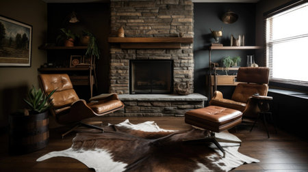 Living room decor, home interior design . Rustic Industrial style with Fireplace decorated with Stone and Metal material . Generative AI AIG26.の素材