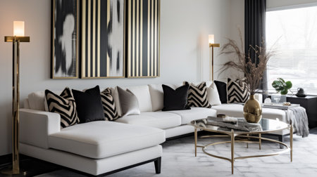 Living room decor, home interior design . Modern Art Deco style with Large Artwork decorated with Metal and Glass material . Generative AI AIG26.の素材