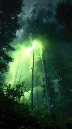 The vertical photo of lightning with green towering trees in the forest. Generative AI AIG27.の素材