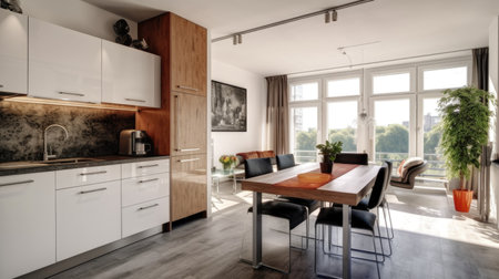 Modern minimalist interior design for a kitchen zone and living room in an open space apartment. Generative AI AIG27.の素材