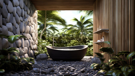 The interior design of wooden and pebbles bathroom style and square bathtub in dark tone color with nature view. Generative AI image AIG30.の素材