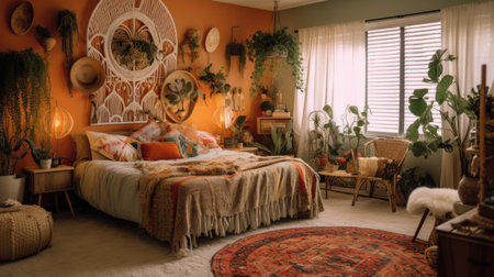 Bedroom decor, home interior design . Bohemian Mid-century style with Gallery Wall decorated with Rattan and Velvet material . Generative AI AIG26.の素材