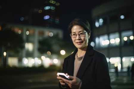 Wide angle shot of a senior chinese japanese businesswoman executive using mobile phone with background of modern office buildings at night. Generative AI AIG18.の素材