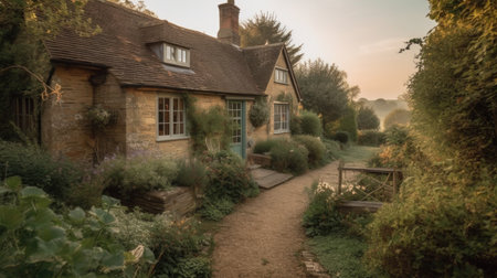 Home architecture design in Cottage Style with Sloped roof constructed by Wood and Stone material. English Cottage style. Generative AI AIG25 .の素材