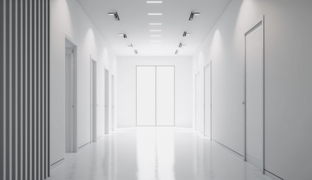 Clean and empty hallway background in white office. Generative AI AIG20.の素材