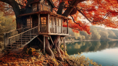 The exterior design of lakeside treehouse in autumn. Generative AI AIG30.の素材