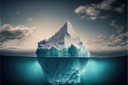 Large white iceberg floating in the frozen ocean with underwater beautiful transparent view. Concept of polar geographic. Finest generative AI.の素材