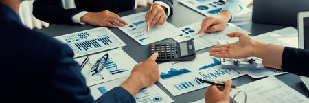 Auditor team collaborate in office, analyzing financial data and accounting record. Expertise in...