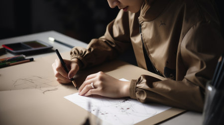 Creative Fashion Designer Female Asian Young Adult Sketching designs for the next fashion collection in Studio. Generative AI AIG22.の素材