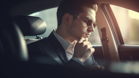 CEO Male Caucasian Young Adult Making business calls and checking messages in a moving car. Generative AI AIG22.の素材