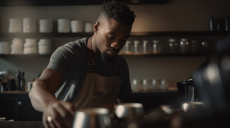 Barista Male African-American Young Adult Cleaning and stocking in coffee shop. Generative AI AIG22.の素材