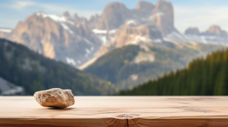 The empty wooden brown table top with blur background of dolomite mountain. Generative AI image AIG30.の素材