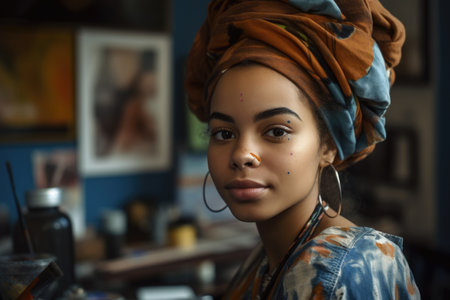 Female African teenager painting art studio artist apron picture drawing. Generative AI AIG23.の素材