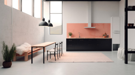 The modern high ceiling kitchen with dining table and cooking space near panel window in the loft style. Generative AI AIG27.の素材