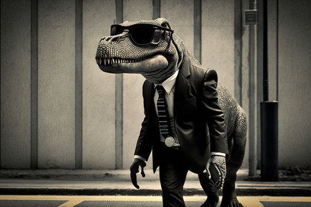 Tyrannosaurus rex in a black suit and sunglasses hunting. Generative AI AIG15.の素材