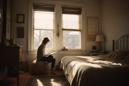 Female Caucasian teenager reading books in bedroom casual relaxing pastel. Generative AI AIG23.の素材
