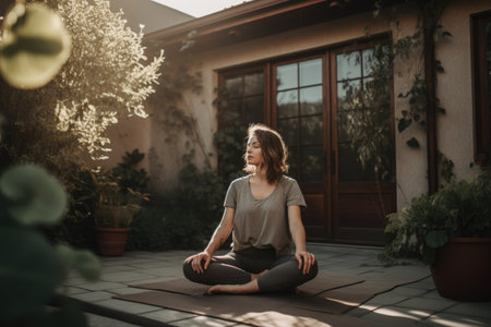 Female Caucasian adult doing yoga patio exercise healthy. Generative AI AIG23.の素材