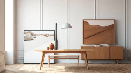 The minimal interior design of white tone room with wooden chair, table, and floor decorated with picture frame. Generative AI AIG27.の素材