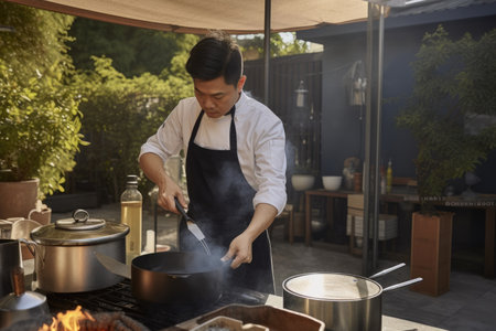 Male Asian adult cooking outdoor kitchen stove. Generative AI AIG23.の素材