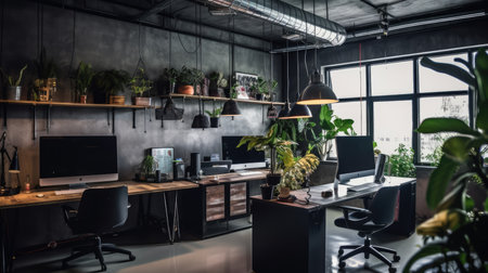 Inspiring office interior design Industrial style Office featuring Exposed pipes architecture. Generative AI AIG 31.の素材