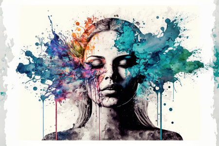 Woman with vivid watercolor explosion on her head as symbol for inner stress and negative though for intense splashing emotion mental health in modern abstract art design. Superb Generative AI.の素材