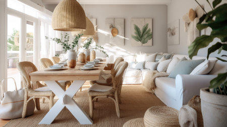 Interior design inspiration of Coastal Bohemian style home dining room loveliness decorated with Rattan and Linen material and Pendant Light .Generative AI home interior design .の素材