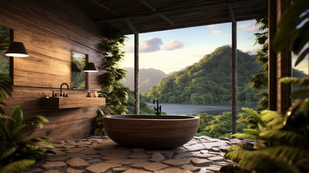 The interior design of wooden and pebbles bathroom style in dark tone color with the tropical mountain view. Generative AI image AIG30.の素材