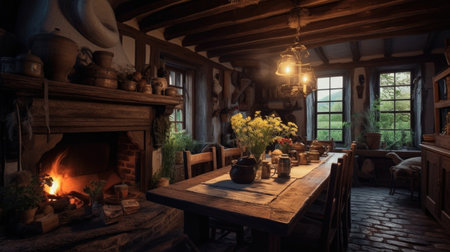 Interior design inspiration of Rustic Farmhouse style home dining room loveliness decorated with Wood and Brick material and Fireplace .Generative AI home interior design .の素材
