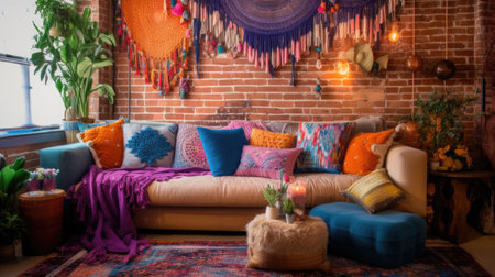 Bedroom decor, home interior design . Bohemian Eclectic style with Wall Tapestry decorated with Wood and Textile material . Generative AI AIG26.の素材