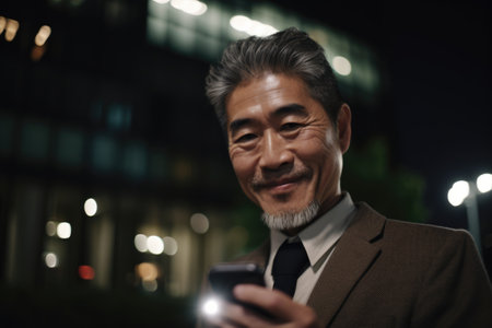 a senior chinese japanese businessman executive using mobile phone with background of modern office buildings at night Generative AI AIG18.の素材