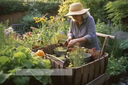 Female Mixed middle aged gardening in backyard plants practical. Generative AI AIG23.の素材