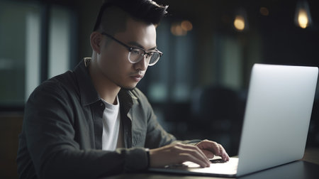 Software Engineer Male Asian Young Adult Typing on laptop in Office. Generative AI AIG22.の素材