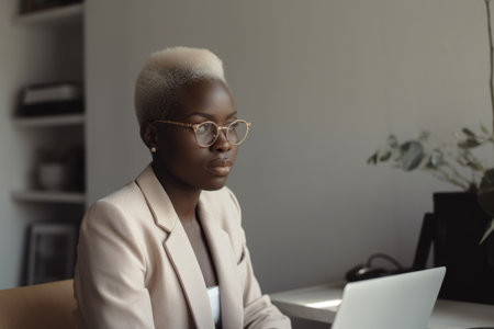 Female African young adult working from home home office business. Generative AI AIG23.の素材