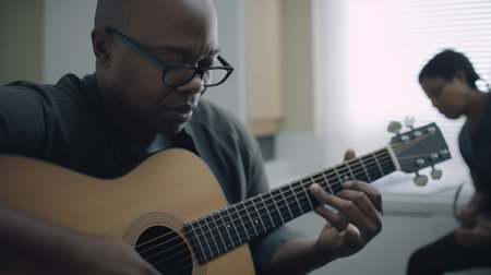 Music Therapist Male African-American Middle-Aged Using music to improve the physical, emotional, and mental health in Hospital room. Generative AI AIG22.の素材