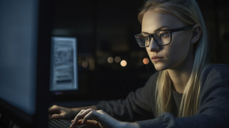 Software Developer Female Caucasian 30s Typing on laptop in Home office. Generative AI AIG22.の素材