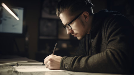 Architect Male Caucasian Young Drawing blueprint. Generative AI AIG22.の素材