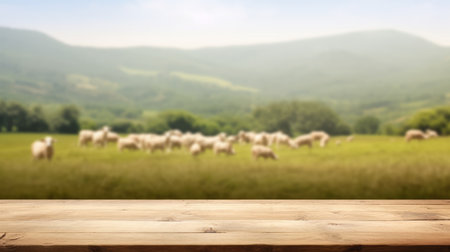The empty wooden brown table top with blur background of sheep pasture. Exuberant image.の写真素材