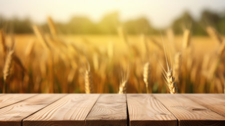 The empty wooden table top with blur background of wheat farm. Exuberant image.の写真素材