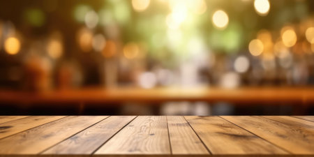 The empty wooden table top with blur background. Exuberant image.