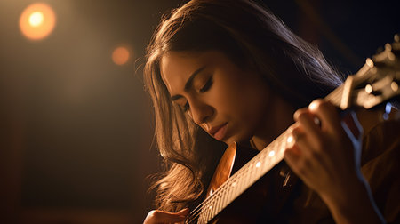 Guitarist Female Hispanic Young Adult Playing guitar on stage or in a music video in Performance venue. Generative AI AIG22.の素材