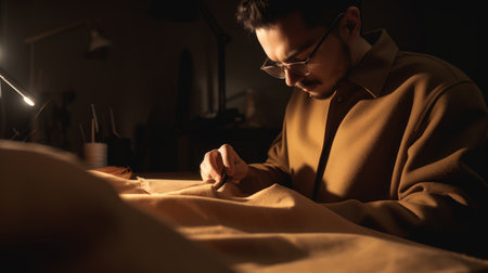 Creative Fashion Designer Male Hispanic Young Adult Sewing and assembling garments in Sewing station. Generative AI AIG22.の素材